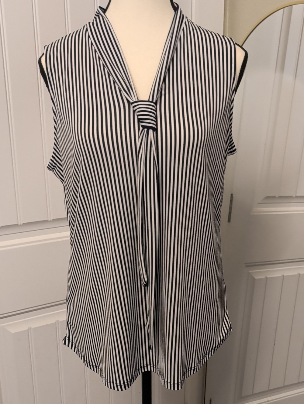 Adrianna Papell Black and White Vertical Stripe Tie-Neck Sleeveless Top